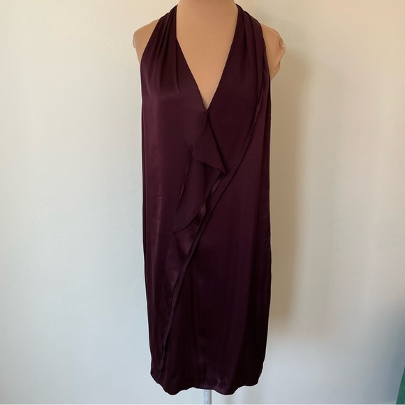 VINCE V-Neck Knee-Length Stretch Silk Ruffle Burgundy Purple Shift Dress EUC M - Picture 4 of 12